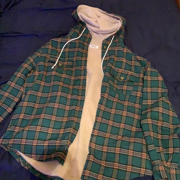 Plaid Pattern Pocket Hooded Jacket - Green L - Picture 1 of 1